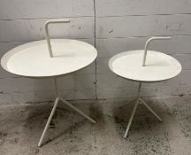 Two white metal circular side tables with handles to top (H65cm Dia48cm)