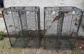 Two vintage numbered metal industrial school lockers, two lockers per unit with hooks inside (