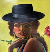 An oil on board of a lady with hat and a rose signed Wilfred Hobbs and dated 1969 lower right 41cm x