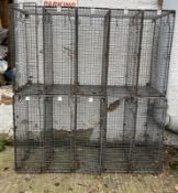 Two vintage numbered metal industrial school lockers, two units of five (H80cm W150cm D30cm)