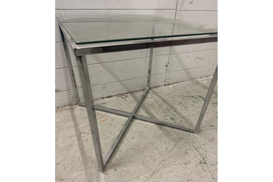 A glass topped side table on chrome X frame base (H45cm W50cm D50cm) - Image 2 of 3