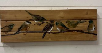 A three plank mixed media wall hanging of birds 90cm x 30cm