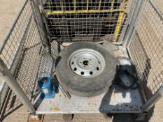 1 X STILLAGE INC 12 TONNE JACK, SPARE WHEEL JUMP CABLE AND VARIOUS TOOLS