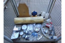 STILLAGE OF VARIOUS TOOLS, PRESSURE GAUGES, ADHESIVE ROLL, ETC