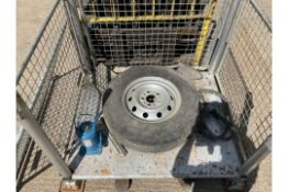 1 X STILLAGE INC 12 TONNE JACK, SPARE WHEEL JUMP CABLE AND VARIOUS TOOLS