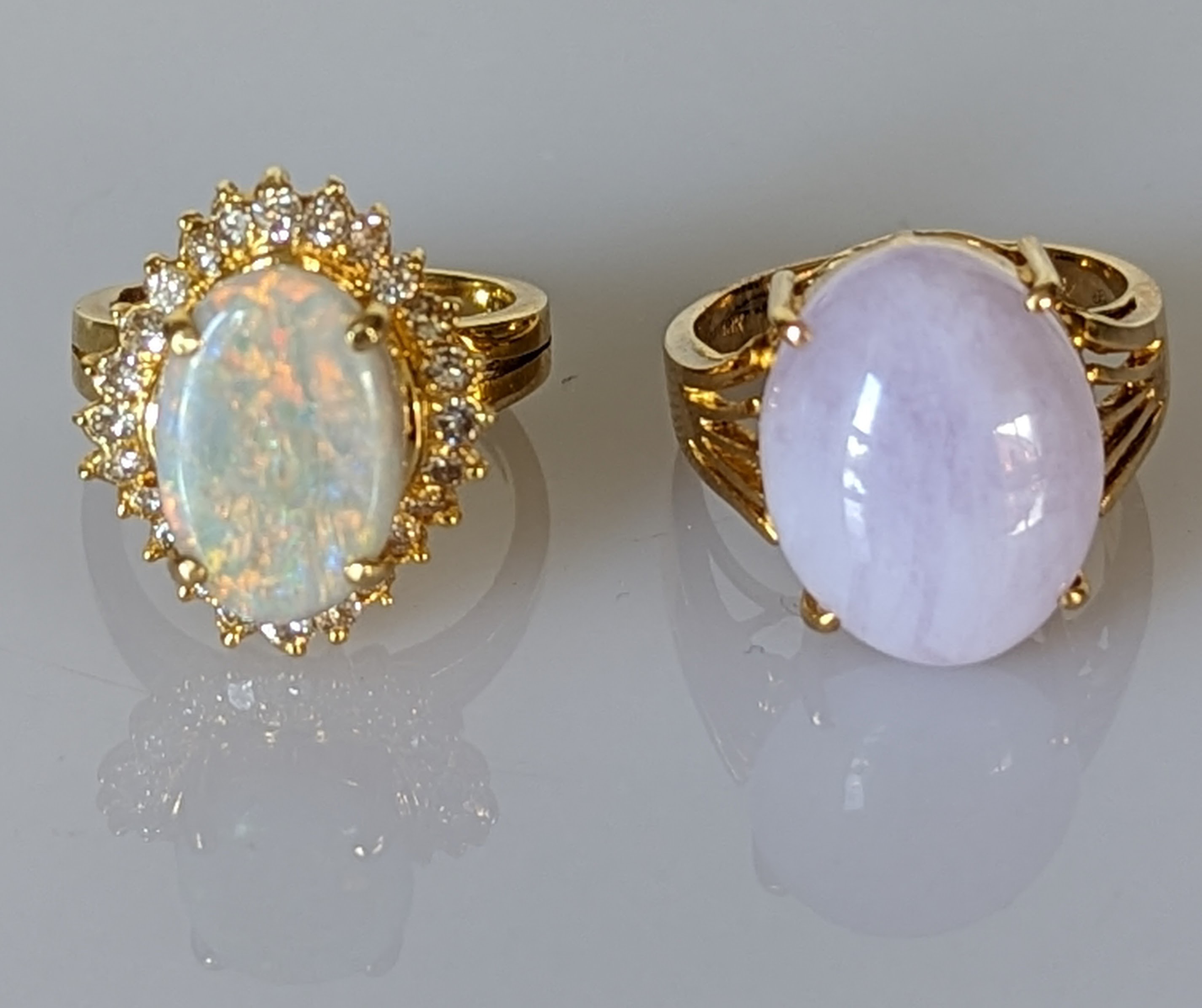 An oval opal cluster ring, 9 x 15mm and another gem-set dress ring, both on yellow gold claw setting - Image 2 of 11