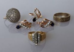 An 18ct gold vintage diamond cluster ring, size M, 5.75g; a pair of sapphire and diamond earrings 
