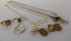 A pair of engine-turned gold cufflinks; signet ring, both initialled; three pendant chains and two g