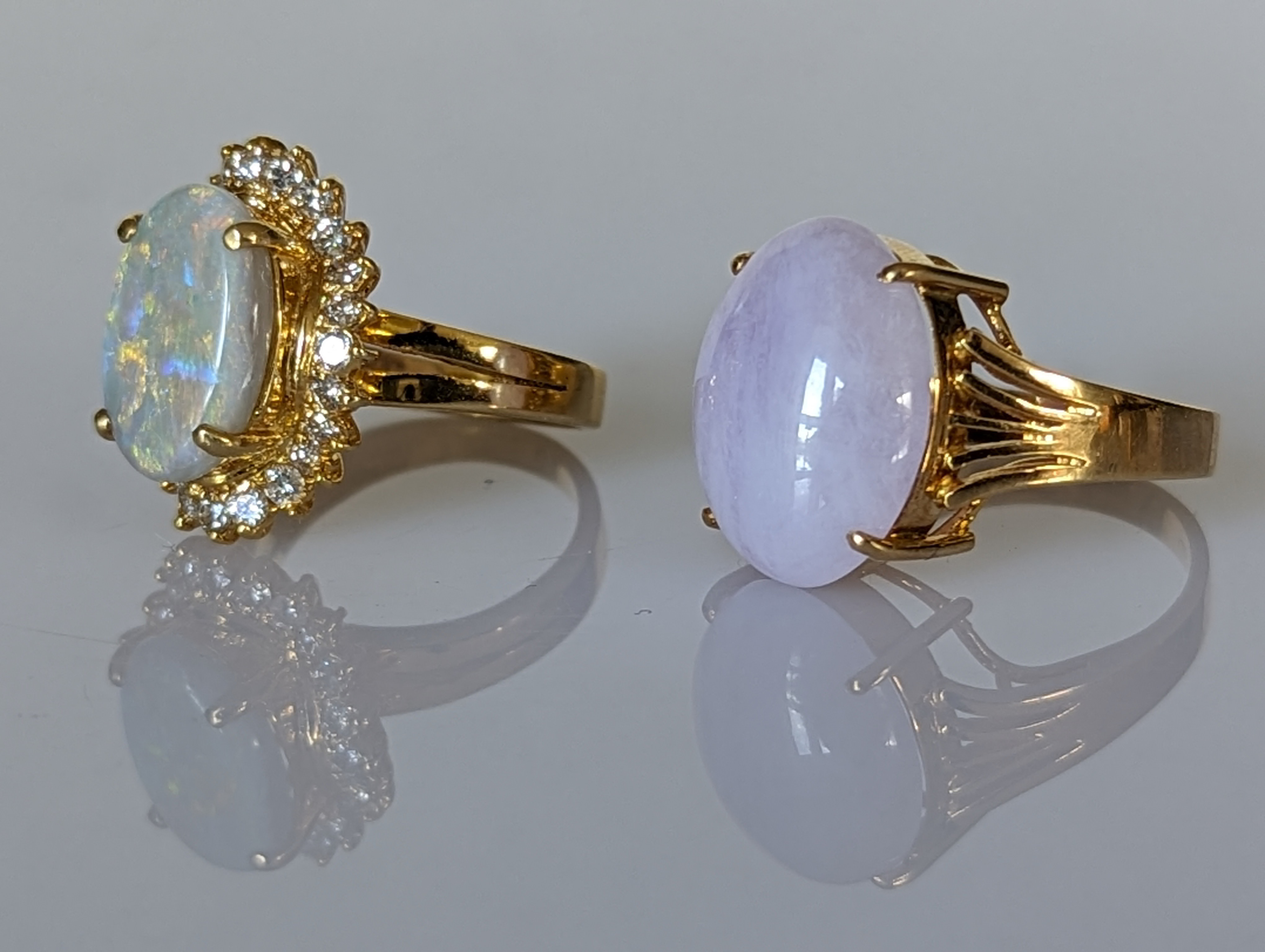An oval opal cluster ring, 9 x 15mm and another gem-set dress ring, both on yellow gold claw setting - Image 3 of 11