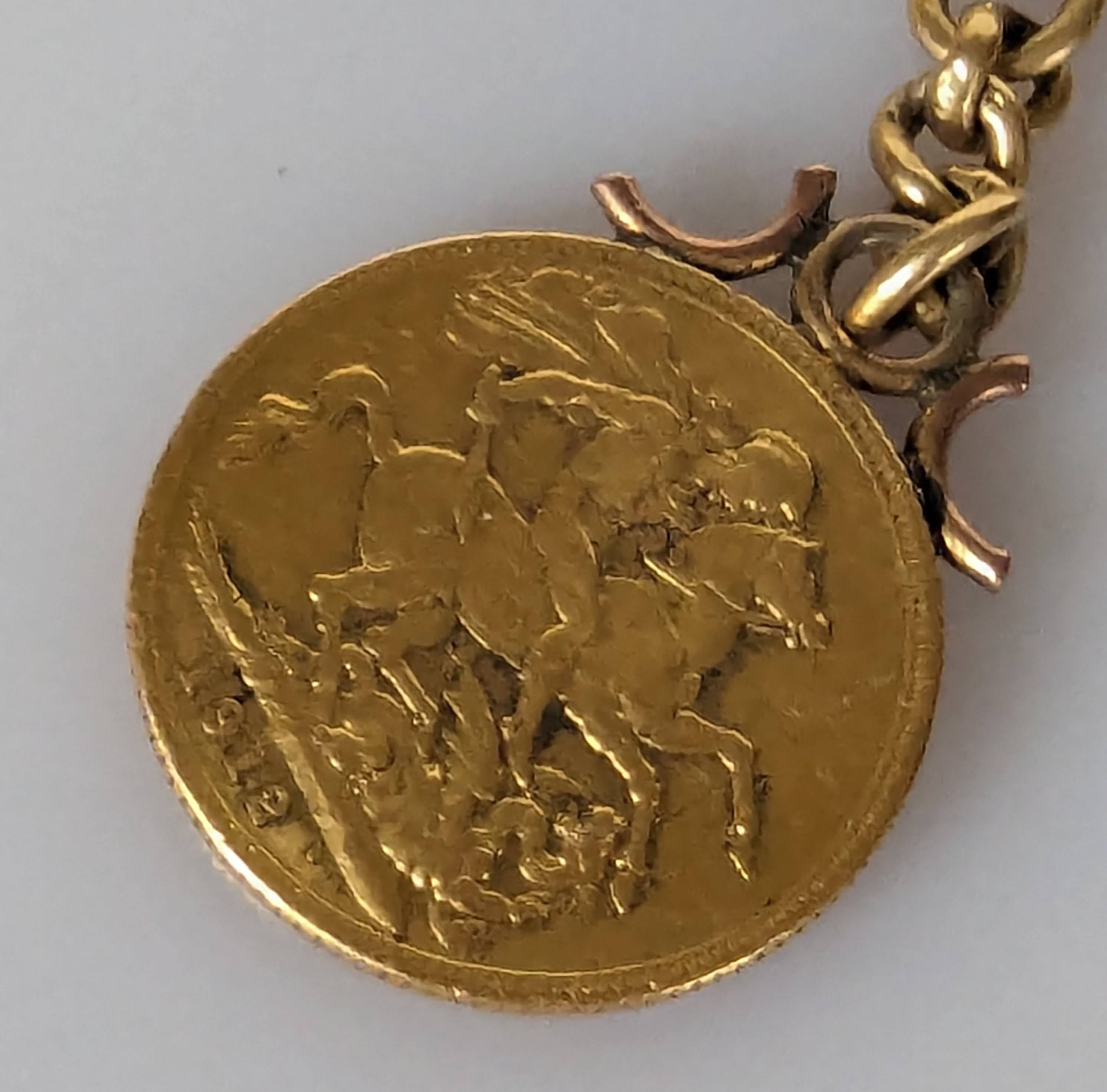 A George V gold full sovereign, 1912, mounted on a flat curb-link yellow gold watch chain - Image 2 of 3