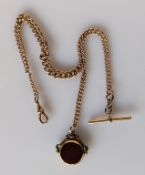 A 9ct rose gold Albert chain with T-bar, lobster clasp and swivel fob, each link stamped, 52.2g