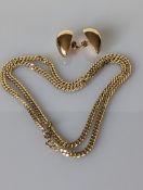 A yellow gold flat curb-link necklace, 53 cm, clasp good and a pair of yellow gold earrings