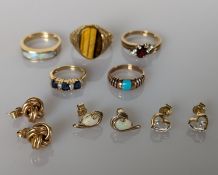 A selection of gem-set 9ct gold rings, various sizes and three pairs of earrings, all hallmarked, 22