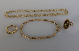 Two gem-set gold dress rings, one stamped 9ct, the other tests for 9ct; an Italian fancy-link bracel
