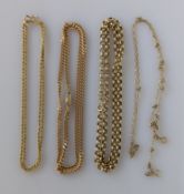 Four 9ct yellow gold neck chains: rope-twist, flat curb-link, belcher and a thin belcher chain