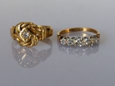An Edwardian yellow gold knot design ring with diamond decoration and a five-stone diamond ring