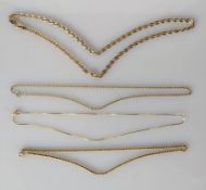 Four yellow gold fancy-link neck chains, 37, 39, 40, 48 cm, all clasps good and hallmarked 9ct, 30g