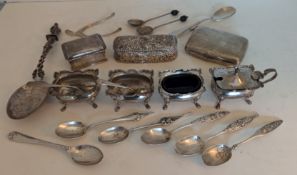 A George V silver four-piece salt and mustard cruet with wavy rim decoration on hoof feet, hallmarke