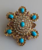 A Victorian diamond, ruby and turquoise pendant brooch on a yellow gold setting: