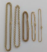 A selection of five 9ct yellow gold neck chains, all hallmarked, 38g
