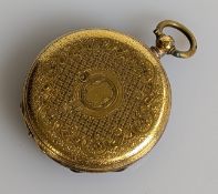 An Edwardian ladies key-wind fob watch with Roman numerals and gold embossed back case (loose 5.38g)