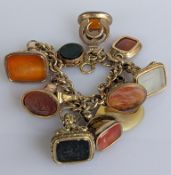A 9ct curb-link fob bracelet, each link stamped, to include a gold mounted tooth, a gem-set watch
