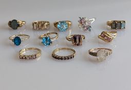 A selection of twelve gem-set rings in white and yellow gold settings, all hallmarked 9ct