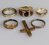 Five 9ct gold rings, some gem-set, mixed sizes and a rose gold cross, all hallmarked, 14g