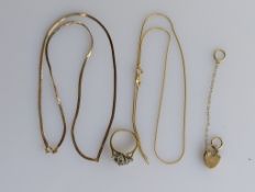 An 18ct yellow gold ring mount, size H, hallmarked, 3g; an Italian tri-gold neck chain, another neck