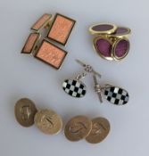 A 9ct yellow gold pair of oval cufflinks, initialled, 8.45g, a silver pair with chequered pattern