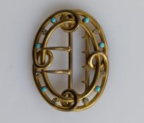 A Victorian oval gold, diamond and turquoise buckle, 65 x 50mm, unmarked, tests for 9ct gold, 30.75g
