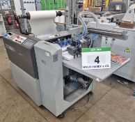 A KOMFI Amiga 52P Single Sided Laminator, Serial No. 279 (2014), with Elevating Feed Stack Table and