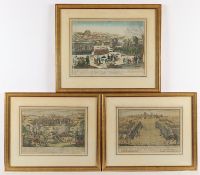 3 Schlachtenbilder, kolorierte Kupferstiche, 18.Jh., R.