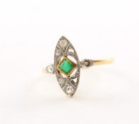 Art-Deco Ring, Gelbgold, Silber, Smaragd und Diamant