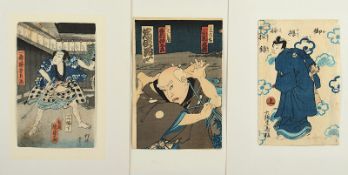 drei Farbholzschnitte, Toyohara Kunichika und Kunisada II, verschiedene Motive