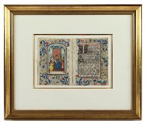 Doppelseite aus einem Stundenbuch, koloriert, auf Pergament, Brügge, 15.Jh., gerahmt