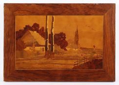 Landschaft mit Gehöft, Marketerie, 33,5 x 47,5