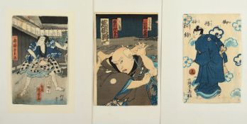 drei Farbholzschnitte, Toyohara Kunichika und Kunisada II, verschiedene Motive