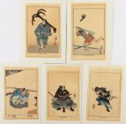 fünf Farbholzschnitte, Utagawa Kuniyoshi und Tsukioka Yoshitoshi, aus Samurai Yakuza, gegilbt, besch