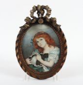 Mädchen mit Hundewelpen, nach Greuze, gerahmt, um 1900