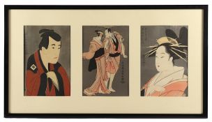 Folge von drei Farbholzschnitten, Japan, gerahmt