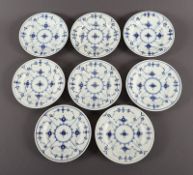 Satz von acht Beilagentellern, Musselmalet, Royal Copenhagen, 1889-1922