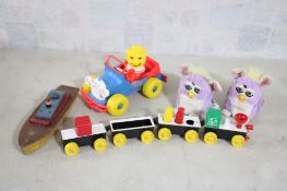 2 Furby's, Jalopy, Wood Boat, Plastic Train Set