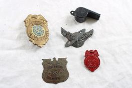 4 Vintage Badges & 1 Dragnet Whistle