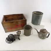 Wood Crate With Metal Teapot Bucket & More