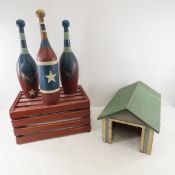 Wood Crate. 3 Decorative Bowling Pins & More
