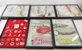 6 Riker Boxes with Vintage Jewelry & Brooches