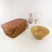 Stoneware Bowl, Picnic Basket, 3 Milk Bottles