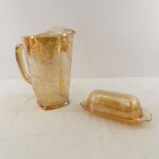 Jeanette Carnival Glass Floragold Pitcher & Butter