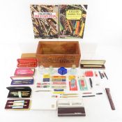 Sanford's wood box, mixed pens & pencils & parts